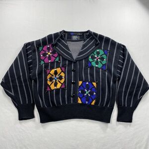 VTG IB Diffusion Sweater Womens Large Black Gray Beaded Knit 90s Grandmacore